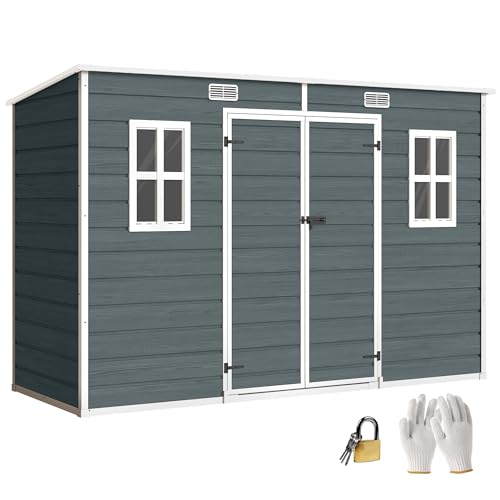 Abri de Jardin en Plastique Outsunny 10 x 4 Pieds, avec Plancher, Grandes fenêtres, Portes verrouillables et aérations, pour Outils, vélos, générateur, Effet Bois...