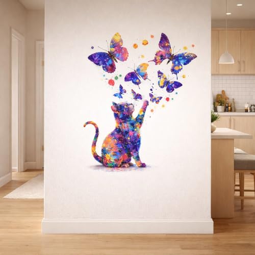 Image of Rangoli Colorful Cat Butterfly Wall Sticker 16 x 18.5 Inch Abstract Paint Splash Design Self Adhesive Wall Decor for Living Room Bedroom Kids Room Modern Wall Art