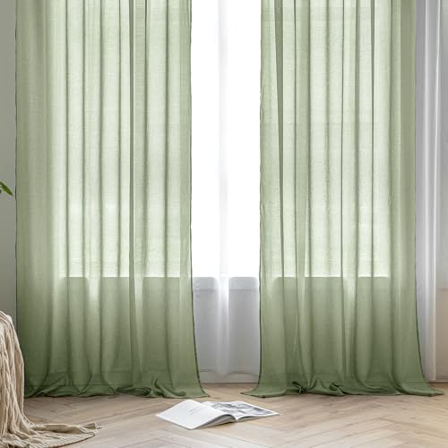 MIULEE Gardinen Vorhänge mit Kräuselband 2er Set Gardine Weiss Vorhang Gardinen Wohnzimmer aus Sheer Voile Curtains Transparent Salbeigrün Schlafzimmer 140 x 245 cm