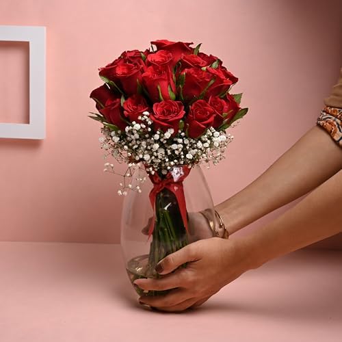 FloraZone 12 Red Roses Fresh Bouquet in Red Paper Wrapping, Flowers