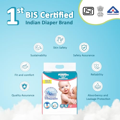 Image of Amazon Brand - Supples Premium Baby Diaper Pants | 78 Baby Diapers | Small | 4-8 Kg | 12 Hrs Absorption | Cushiony Cotton Soft Fabric | Phthalates-Free | Triple Leak Guard