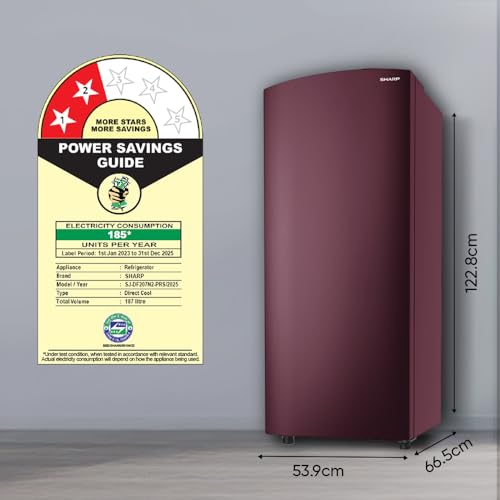 Image of SHARP 187 L Direct Cool Single Door 2 Star Refrigerator | Glass Shelves| 2.25L Bottle Space | Japan 7 Shield Protection | 60 Mins Fast Ice (Solid Red, SJ-DF207N2-PRS)
