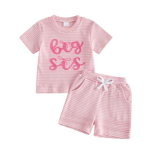 GINEVSAL Big Sister Outfits Toddler Girls Summer Outfits Short Sleeve Letters Embroidery Striped Shirts Tops and Shorts Set (Pink 1-2T)