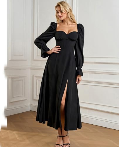 Women High Slit Long Sleeve Maxi Dress Fall Wedding Guest Sweetheart Neckline Casual Long Dresses3
