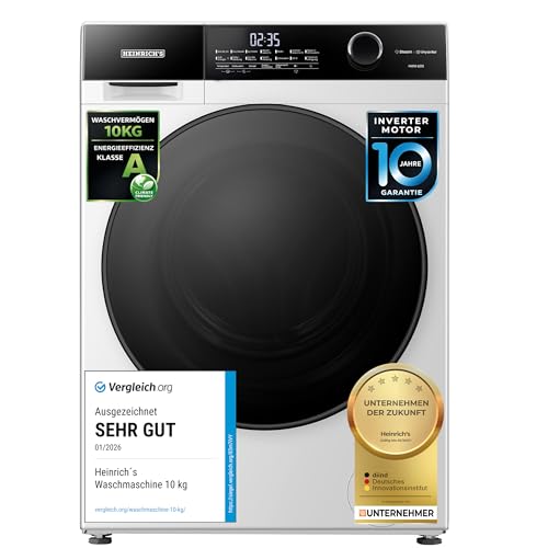 Heinrich´s Waschmaschine, Steam-Funktion, 10kg Mega Kapazität, 15 Programme, 1400 U/min., Aqua-Stop, LED-Display, Endzeitvorwahl, mit Kindersicherung, langlebiger und leiser Inverter Motor,Weiß