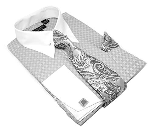 Men's Checkerd Pattern Regular Fit French Cuffs Long Sleeve Dress Shirts with Tie Hanky Cufflinks Collar Bar Combo2
