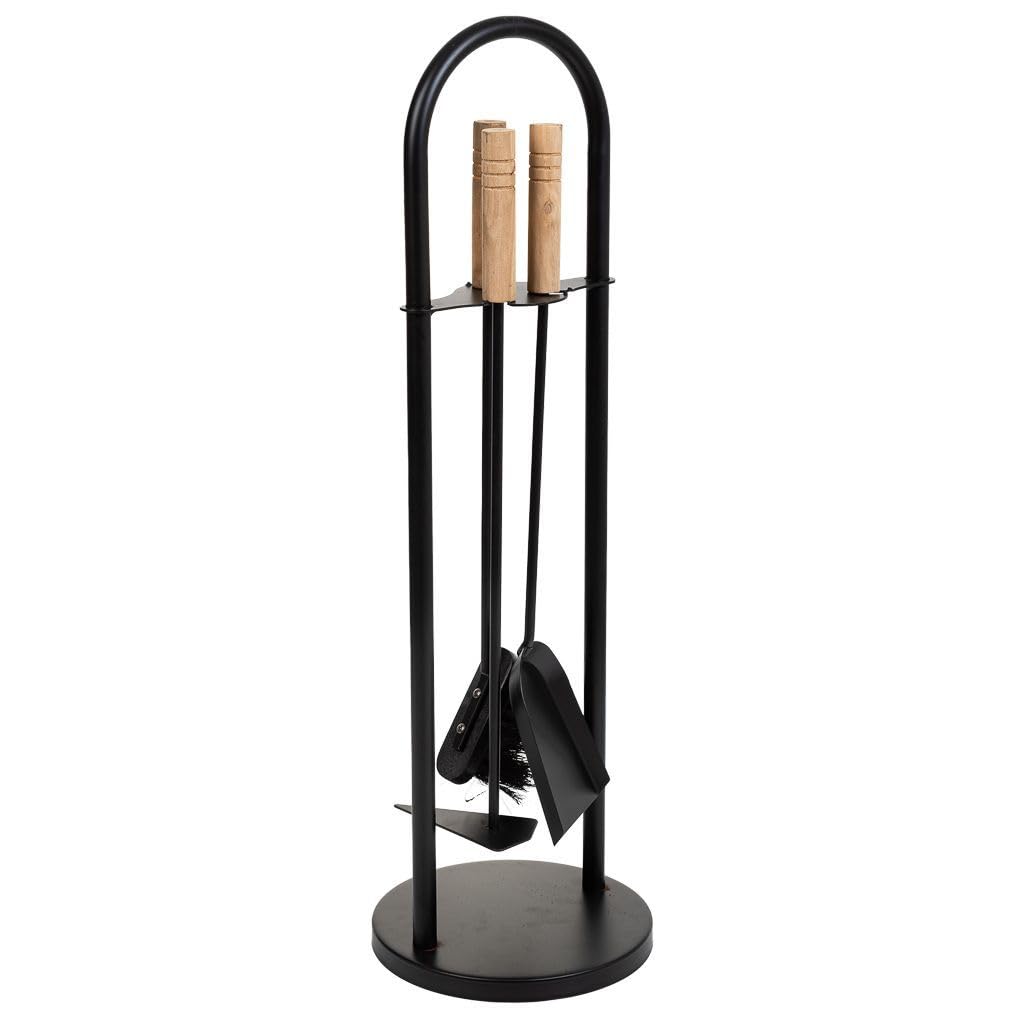 Serviteur de cheminée noir design en métal forgé avec 4 accessoires chic