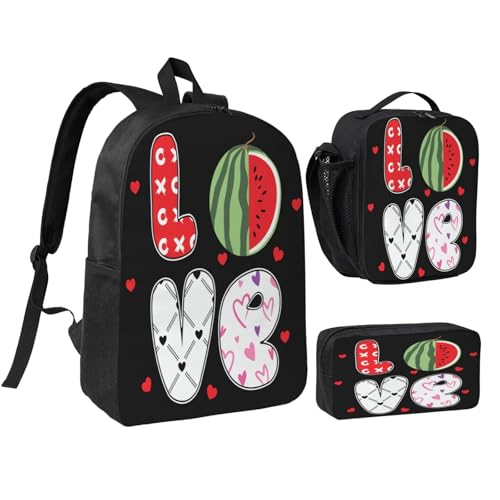 Love Watermelon 17 Inch Backpack Sets Lunch Bag Lightweight Daypack for Men Women 3Pcs