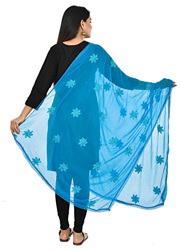 Image of YOUTHQUAKE Flower Embroidered Diamond Work Chiffon Dupatta for Womens & Girls With 4 Side Lace