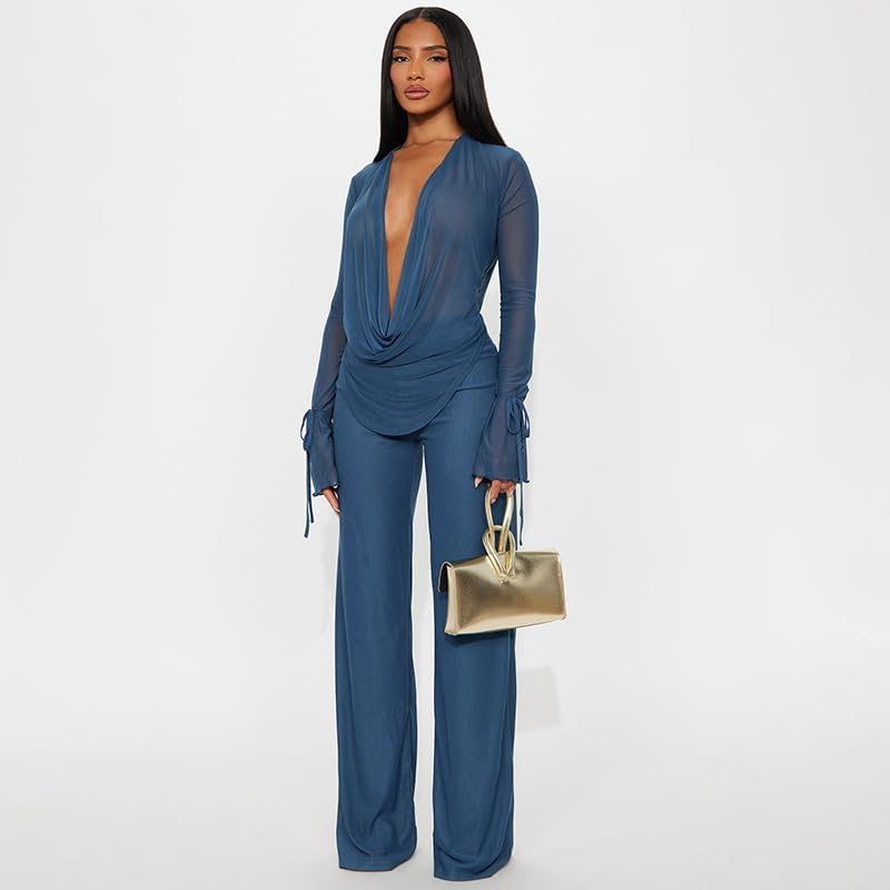 Women's Sexy 2 Piece Outfits Mesh See Through Deep V Neck Top and Long Pants Set Going Out Club Outfit - Image 4