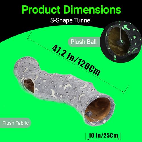 LUCKITTY Cat Tunnel Tube with Plush Ball Toys Collapsible Self-Luminous Photoluminescence, for Small Pets Bunny Rabbits, Kittens, Ferrets,Puppy and Dogs Grey Moon Star (S-Shape) - Thumbnail 4