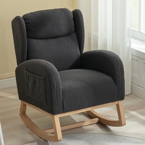 DEKKETO Rocking Chair for Nursery, Teddy Nursing Breast Feeding Chair for Mum, Accent Wooden Armchairs for Living Room, Dary Gray