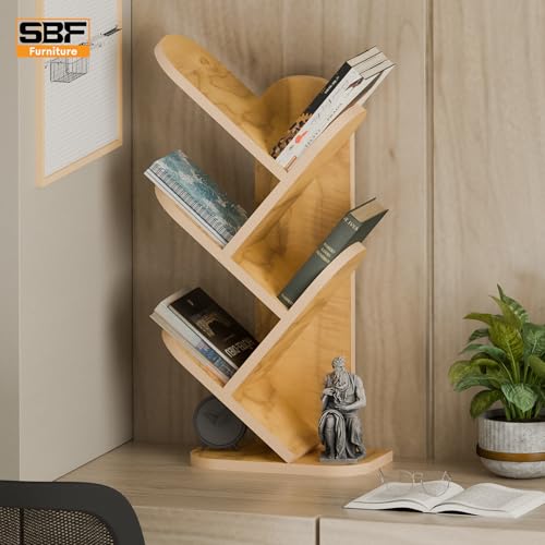 Image of SBF Furniure 5-Tier Modern Tree Bookshelf - Freestanding Black Bookcase for Home & Office | Space-Saving Vertical Display Shelf for Books, Decor & Plants (Yellow)
