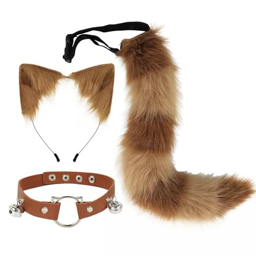 MLPKOI Juego de Cola y Orejas, Cola de Gato Diadema con Orejas de Gato y Collar con Cascabel Cosplay Fiesta De Disfraces para Mujer y Niña Halloween Carnaval Juego de Rol