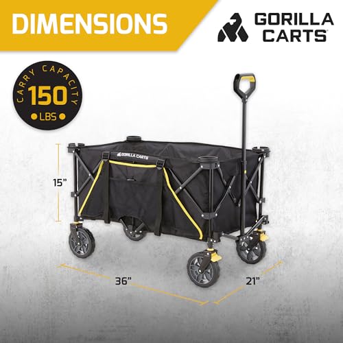 Gorilla Carts Collapsible Folding Outdoor Utility Wagon, 7 Cu Ft Oversized Bed, 150 lb Load Rating, Black – Foldable Rolling Cart w/ Pockets & Cup Holders for Beach, Camping, Sports or Picnic