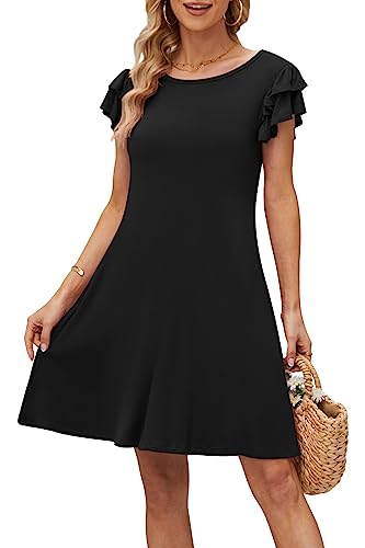 Image of DB MOON Women 2026 Mini Dresses Summer Casual Ruffle Short Sleeve Cute Crew Neck Flowy Dress with Pockets