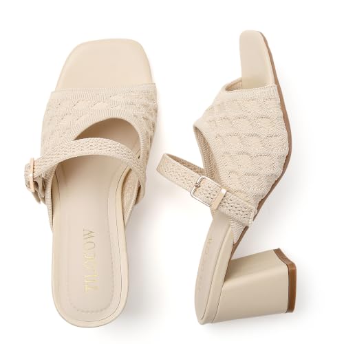 Image of Tilocow Knit Heeled Sandals for Women Square Open Toe Heeled Mules Chunky Block Low Heel Slip On Slides