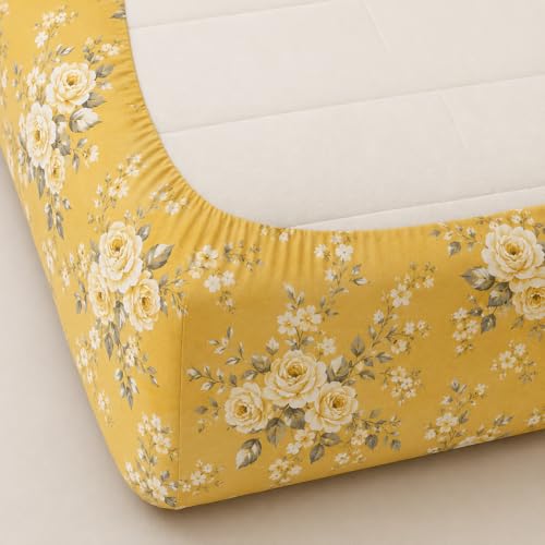 Image of Fitted Sheet Yellow Golden Floral Print Fitted Bedsheet | Glace Cotton 140 TC | King Size (72x78 inch) with 2 Pillow Covers (18x28 inch) | Deep Pocket up to 10 Inches - Soft & Comfortable