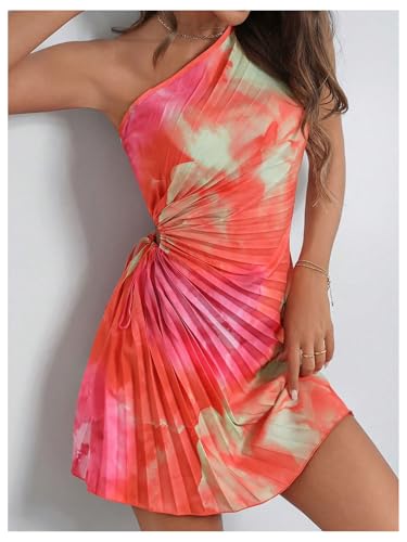 MakeMeChic Women's Summer Dress 2025 Tie Dye One Shoulder Mini Dress Pleated Cut Out Wedding Guest Dresses2