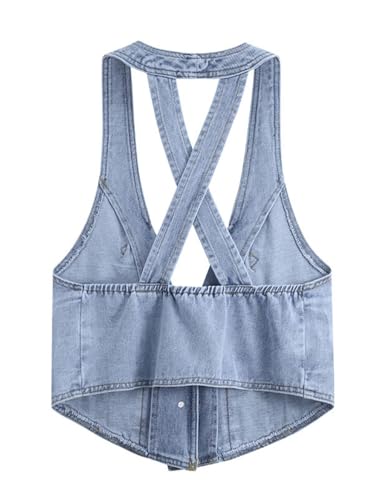 Women's Summer Jean Vest Sleeveless Cross Backless Vintage Denim Vest Top Lapel Button Cropped Waistcoat2