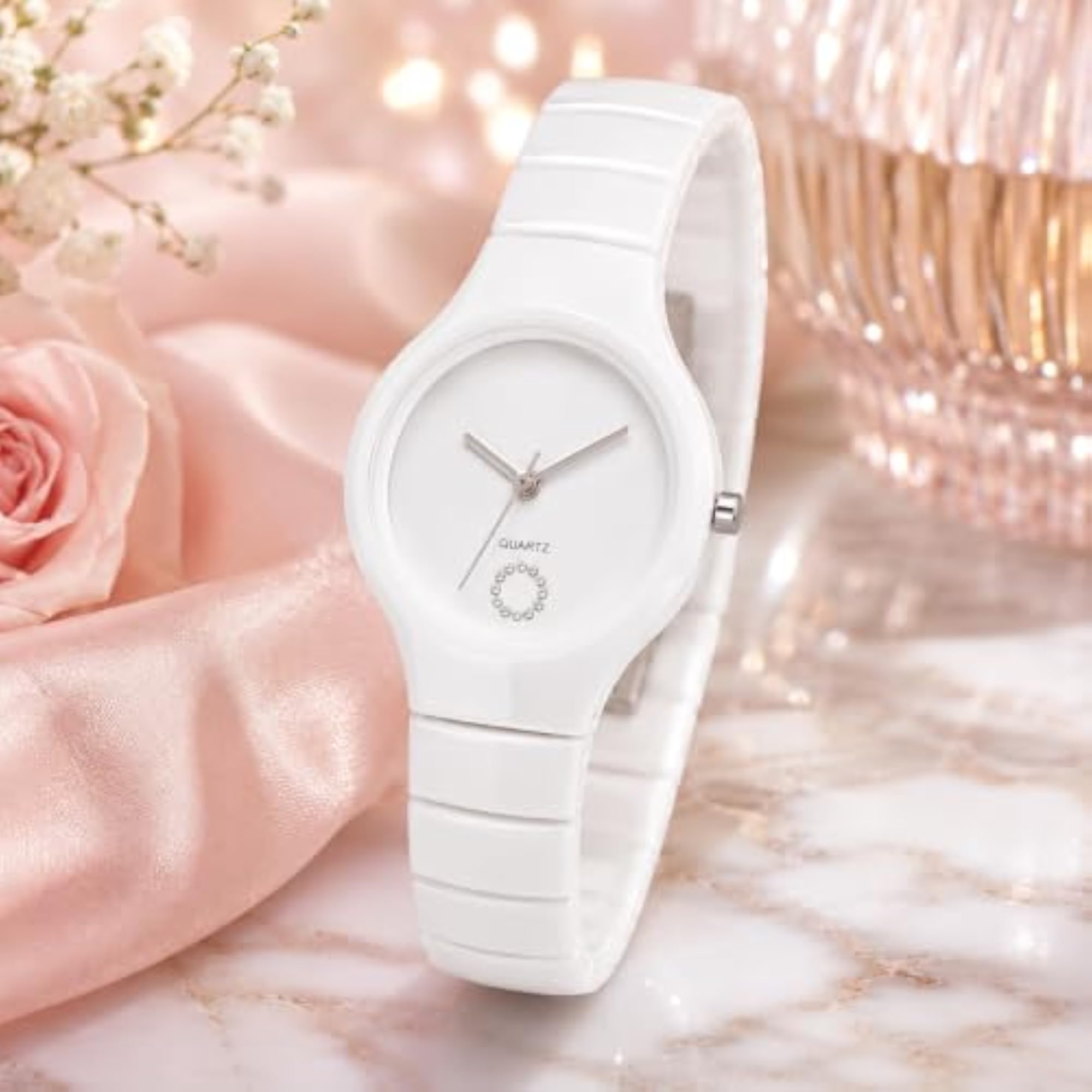 Women's White Ceramic Look Analog Watch with Crystal Accent