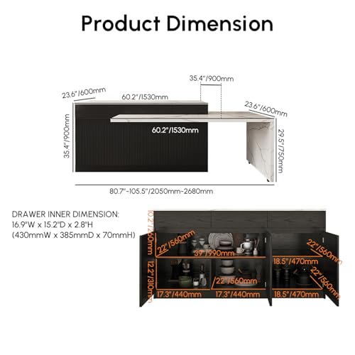 homary 81\'\'-106\'\' Extendable Kitchen Island with Sintered Stone Top, Storage Drawers & Doors (Right-Hand Facing,Engineered Wood, Black) - Thumbnail 2