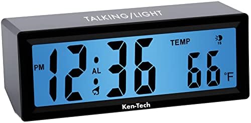 Sonnet Talking Alarm Clock for Visually Impaired, Elderly People, Blind, Hourly Voice Notifications, Blue Backlight Large Display Shows Time and Temperature, Loud for Heavy Sleepers by Ken-Tech, Black
