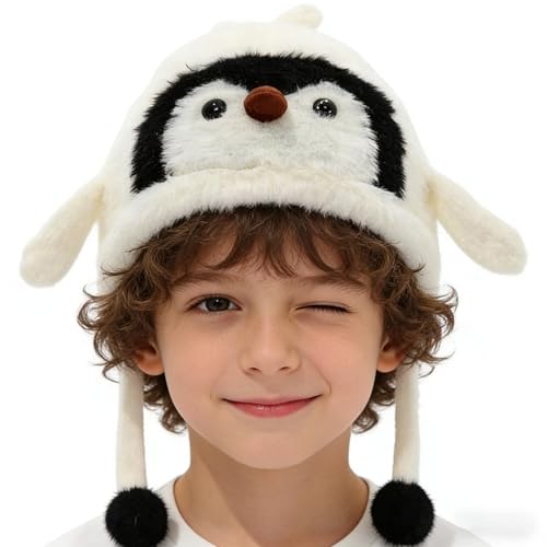 Gorro de Animal de Peluche | Sombrero de Lana con Diseño de Pingüino para Disfraz | Gorro De Invierno Con Orejeras Abatibles Y Forro Abrigado - Infantil para Vacaciones Senderismo Niños y Niñas