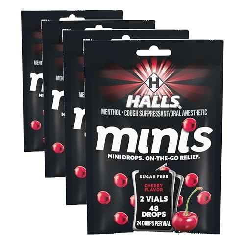 HALLS Minis Cherry Flavor Sugar Free Cough Drops, 48 Drops (Pack of 4)