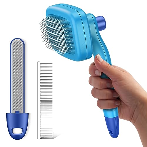 Dog Self Cleaning Slicker Brush – Retractable Wire Bristles for Shedding Short & Long Haired Dogs & Cats – Grooming Tool with Hair Remover – Removes Loose Fur, Undercoat, Tangles – Free Pet Comb