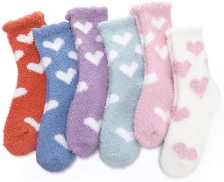 Guiqulai 6 Pairs Fluffy Socks for Women 6 Color Heart Print Thick Warm House Socks for Home, Sleep, Indoor, Slipper (Size 5-9.5)