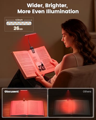 Image of Glocusent 630nm Red Light Reading Light, 26 LEDs Zero Blue Light, 1600K Amber Book Light with 3 Modes & 5 Brightness Dimmable, 120H Runtime, Eye-Care Clip on Light for Book Lovers and Kids