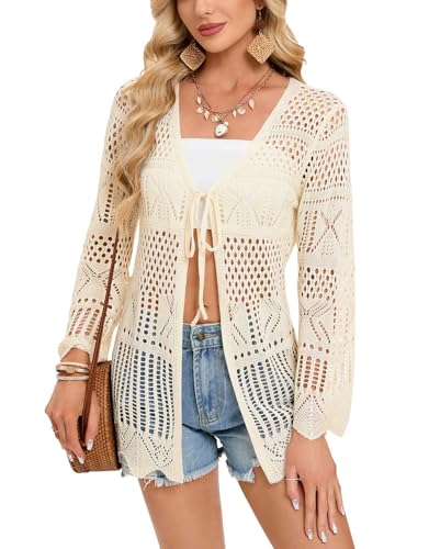 shermie Women's Long Sleeve Kimono Cover Up Summer Beach Tie Front Crochet Cardigan Beige