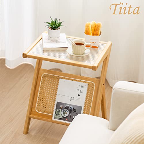 Tiita Rattan Nightstand Side Table, Bamboo Accent Bedside Tables, Glass Coffee Tables, Boho Wooden End Table With Storage For Small Space, Living Room And Bedroom #TOP4