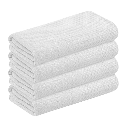 Softopia Cotton White Waffle Kitchen Towels Set of 4-100% Cotton, Super Absorbent, Soft, Quick Drying, 16x26 Inches, with Hanging Loop, Perfect for Dish Drying, Cleaning, Bar & Everyday Use