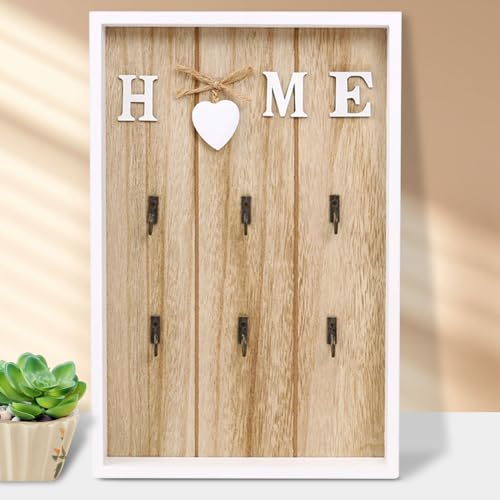 Portachiavi da Parete in Legno: 30 * 20 * 3cm Cassetta Portachiavi da Parete, Muro Decorativo Sostegno con 6 Ganci Portachiavi, Pratico Scatola per Chiavi in Legno, Cassetta Portachiavi Ingresso