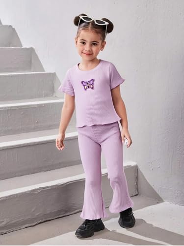 Image of Kid Girl Clothes Butterfly Patch T-Shirt Jogger Pants Ribbed 2PC Summer Fall Outfits Set