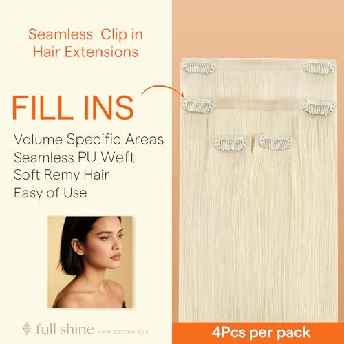 Image of Full Shine Seamless Clip in Extensions, Light Blonde, Straight | Real Human Hair, 20 Inch 95g 4 Pcs, Crown and Side Fill ins, Soft Silky, Celebration Styling, Long Hair