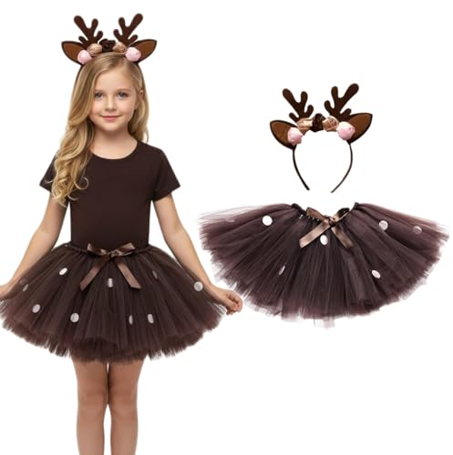Rentier Kostüm Kinder Mädchen Faschingskostüme REH Haarreif + Tüllrock Braun 2-teiliges REH Kostüm Karneval Accessoires für Karneval Fasching Geburtstag Cosplay Party