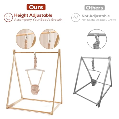 FUNLIO Montessori Wooden Baby Jumper with Stand for 6-36 Months, Adjustable Baby Bouncer for Indoor/Outdoor Play, Foldable Toddler Jumper for Baby Girl/Boy, Easy to Assemble & Store