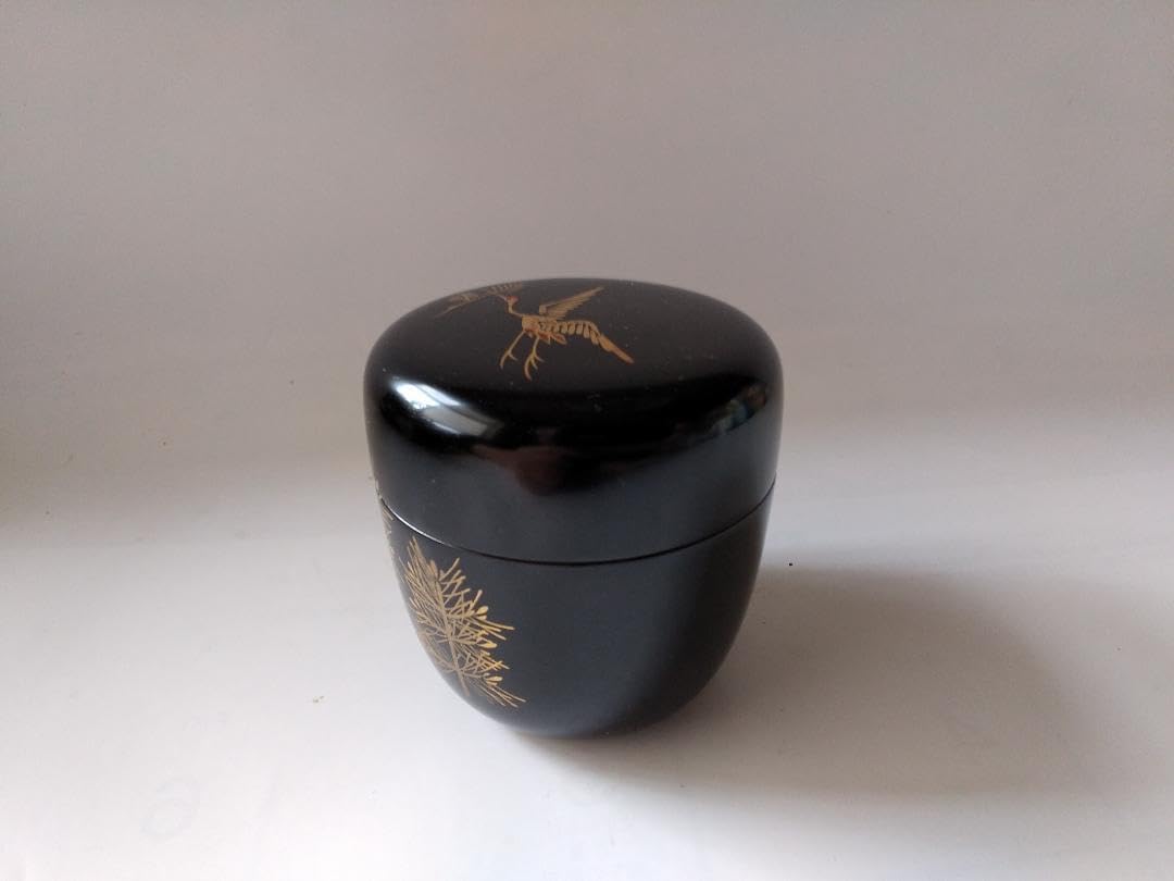 茶道具 茶器 黒塗 松喰鶴蒔絵 中棗 牧田芳祥 作 漆器 抹茶