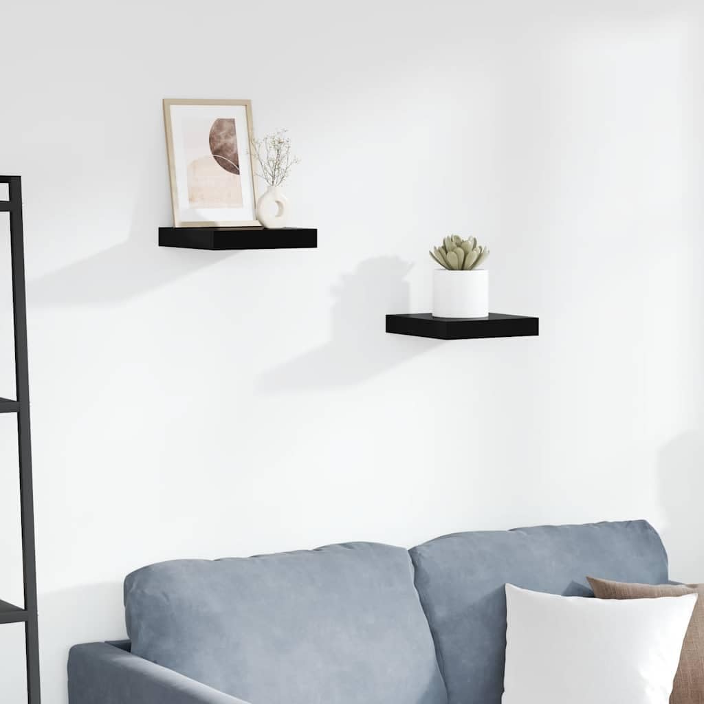 High Gloss Black Honeycomb MDF and Metal Floating Wall Shelf Set of 2 for Living Room Office, Minimalist Design with Invisible Mounting System, Sturdy Display Shelves