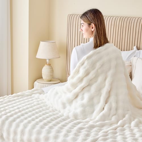 NEWCOSPLAY Throw Blanket for Couch Ivory Super Soft Flannel Fleece 3D Bubble Lightweight Bed Blanket All Season Use (Ivory, Throw(50"x60")) - Image 5