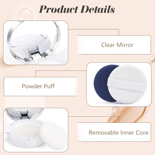 4 Pcs 15g/0.5oz Empty Air Cushion Puff Box Portable Make Up Powder Container Case with Sponge Puff & Mirror for Liquid Foundation BB Cream - White Silver - Image 4