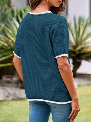 Image of Saodimallsu Womens Puff Short Sleeve Sweater Tops Spring Summer Color Block Ribbed Knit Crew Neck Going Out Shirts
