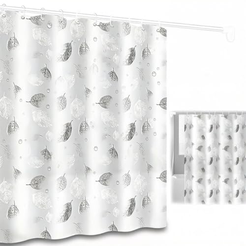 Shower Curtain 180cm x 180cm PEVA Waterproof Bathroom Curtain Set Leaf Print Design Mildew Proof Heavy-Duty Shower Curtain Liner with 12 Rustproof Metal Grommet & Plastic Hooks for Bathroom Bathtub