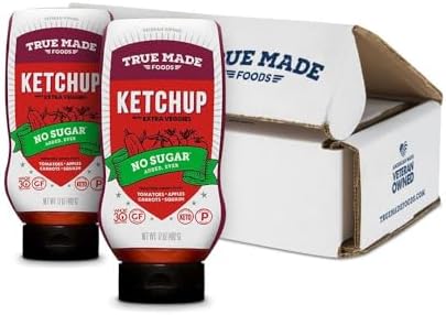 True Made Foods - No Sugar Added Ketchup - Condiment Squeeze Bottles Made with Fruit and Veggies for Barbeque Grilling and BBQ Toppings, Healthy Sauce for Cookout, Whole 30, Keto, Vegan(17oz, 2 Pack)