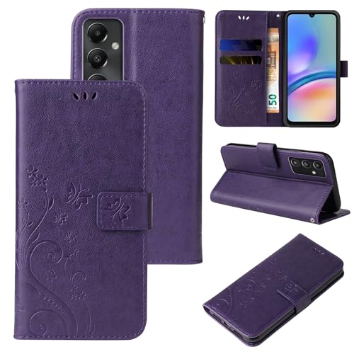 LBH Handy Hülle für Samsung Galaxy A05s Case Handytasche Schmetterling Blumen Flower Standfunktion Schutzhülle Magnet Rundum Schutz 360 Grad Flipcase Cover Violett