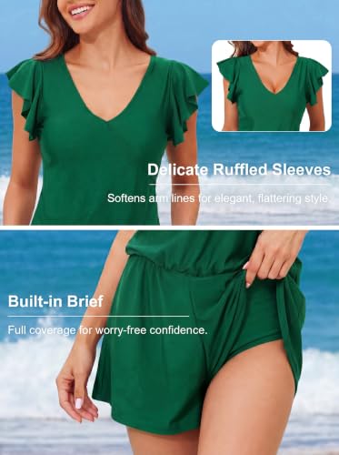 Image of Smismivo Swim Romper with Built in Bra and Pockets Swim Dress Modest One Piece Swimsuit Full Coverage Bathing Suit