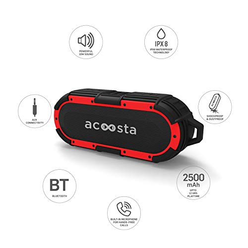 Image of ACOOSTA BOLD 850, IPX8 100% Waterproof, Portable Wireless Bluetooth Speaker (10 watt) with Loud Bass, Shockproof & Dustproof with Built in Mic, Aux & Upto 12hrs of Playtime (2500 mAh) - (Black-Red)